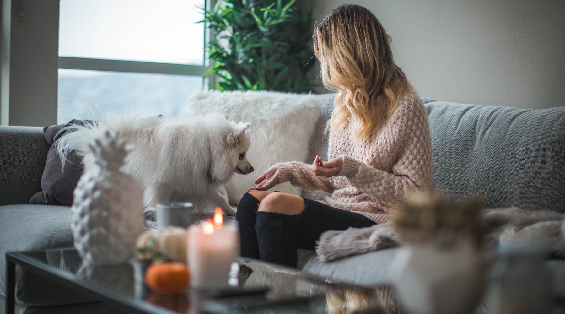 We\'re a pet-friendly community a person sitting on a couch with a dog and a candle